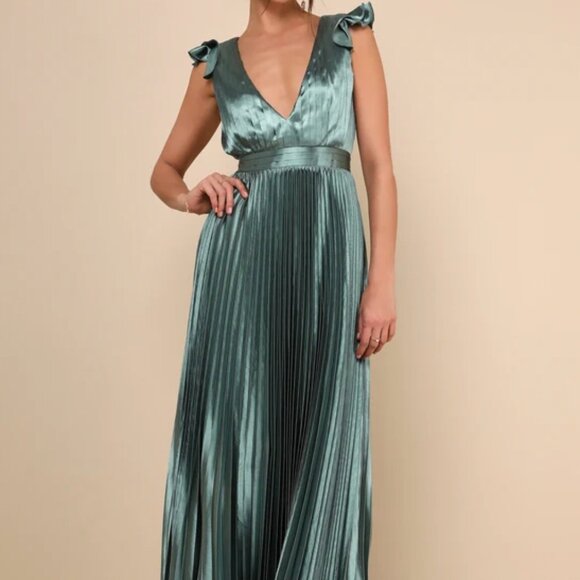Lulus Exceptional Drama Sage Green Satin Lace-up Pleated Maxi Dress - Size L - Picture 4 of 5